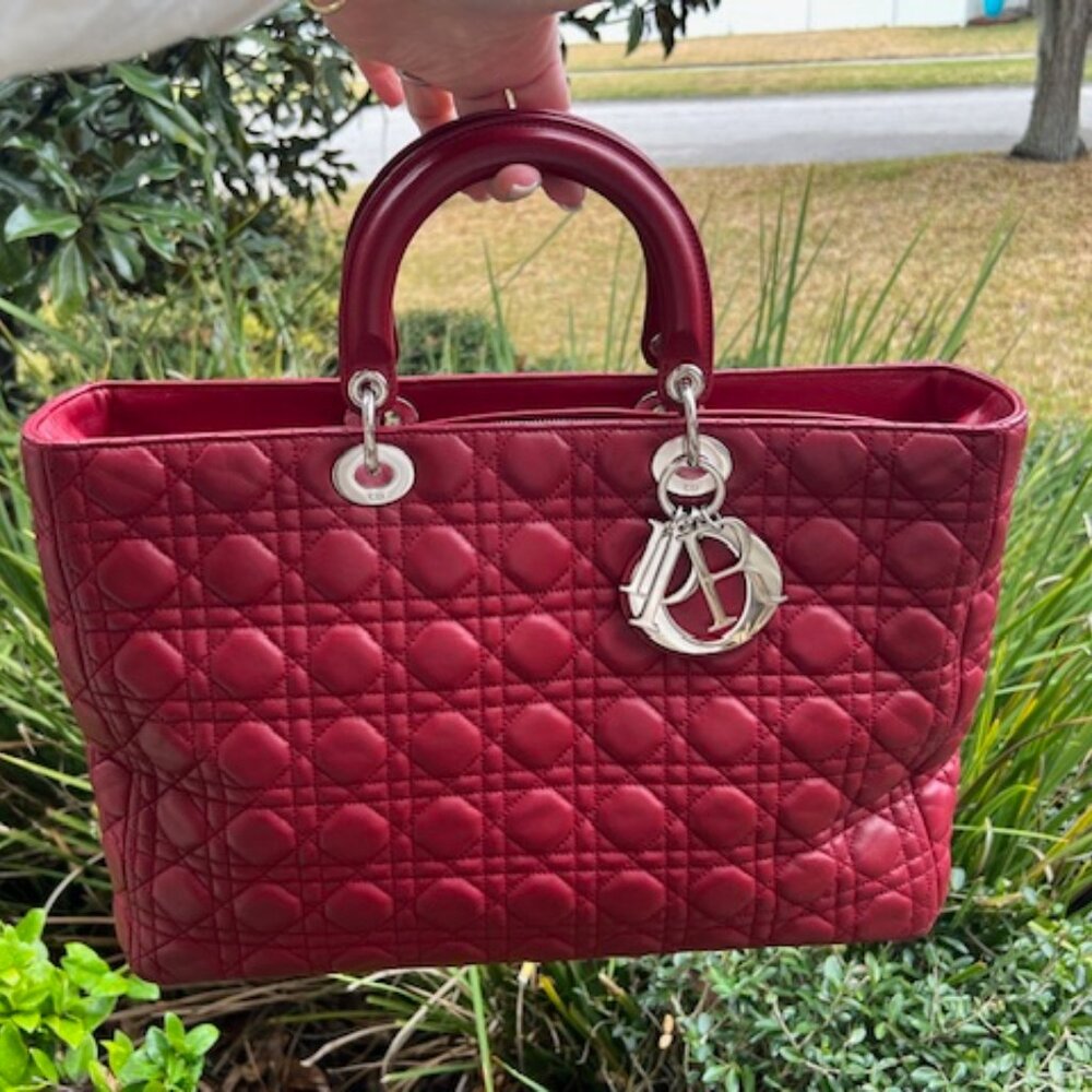 EUC Christian Dior Extra Large Lady Dior – Deep Red Cannage Lambskin | Silver HW - Picture 11 of 13